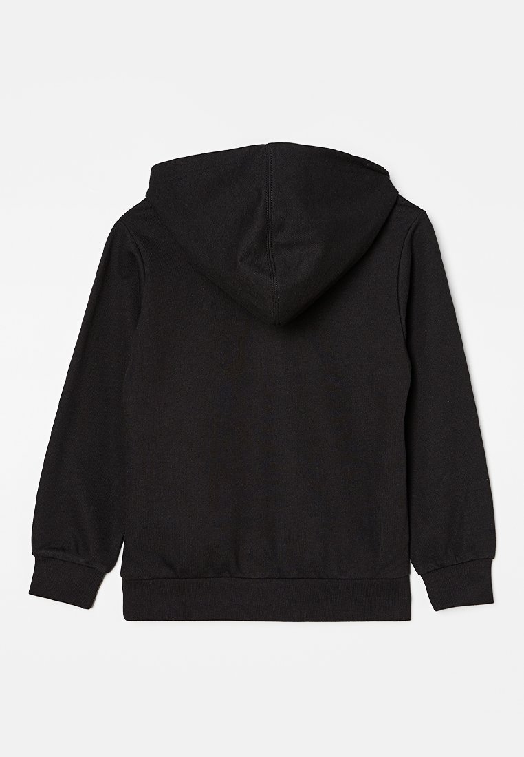 Felpa nera con cappuccio, caratterizzata da maniche lunghe, polsini a coste, una texture uniforme e una vestibilità comoda. Vista posteriore mostrata.