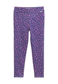 Violet spalvos legginsai su išbarstytais rožiniais širdelėmis. Lygus paviršius, elastingas juosmuo ir prigludęs siluetas.