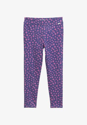 Legginsy z fioletowego materiału, zdobione wzorem rozrzuconych różowych serc. Gładka tekstura, elastyczny pas i dopasowany krój.