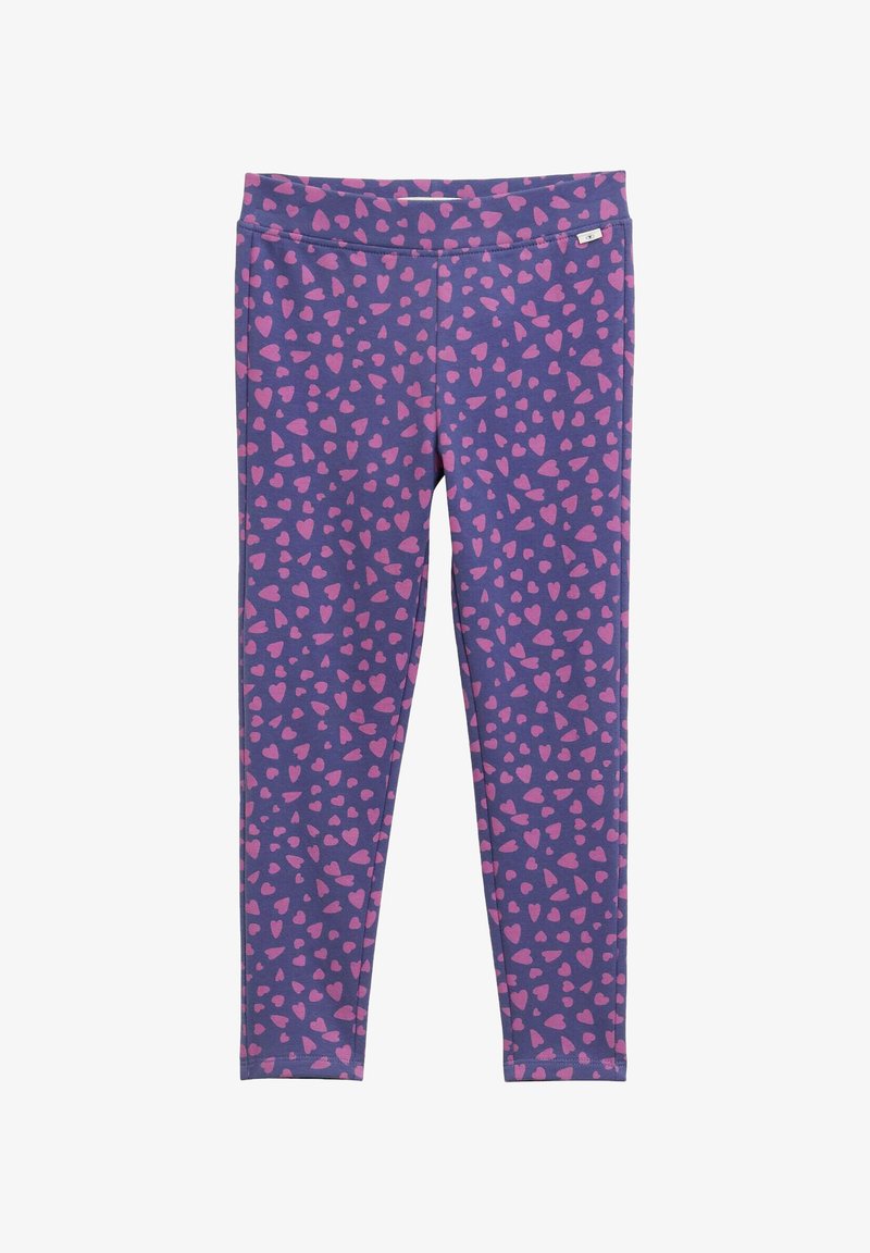 Leggings v vijoličastem blagu z vzorcem razpršenih roza srčkov. Gladka tekstura, elastičen pas in oblikovana zasnova.