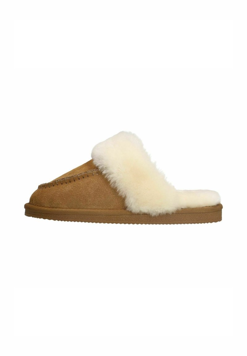 Brown suede slipper with white fur lining, open toe design, stitched detailing along the edge, and a textured rubber sole.