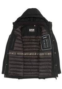 Chaqueta negra aislante con forro acolchado, que cuenta con capucha, cremalleras y un panel de control en el interior. Logo de la marca visible.