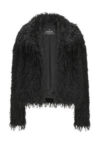 Schwarze, struppige Jacke mit einer flauschigen, strukturierten Außenseite, offenem Design und langen Ärmeln; gefüttertes Innenfutter für zusätzlichen Komfort.