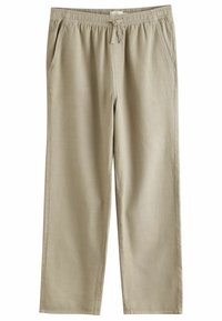 Beige relaxed-fit pants with an elastic waistband and drawstring. Features two side pockets and a textured fabric. Straight leg design.