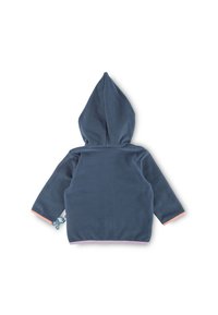 Fleece-Hoodie, dunkelblau, mit spitzem Kapuzen, langen Ärmeln, pinken Akzenten an den Bündchen und einem einzigartigen Akzent an der Seite.