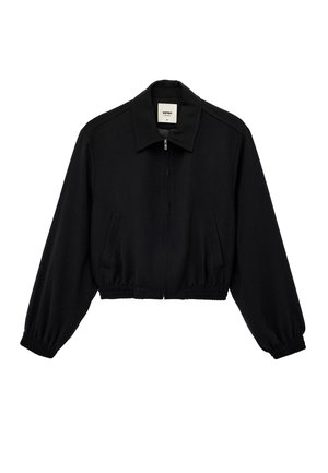 Zwarte cropped jas in een zachte stof met lange mouwen, een kraag, een rits aan de voorkant en een elastische tailleband en manchetten.