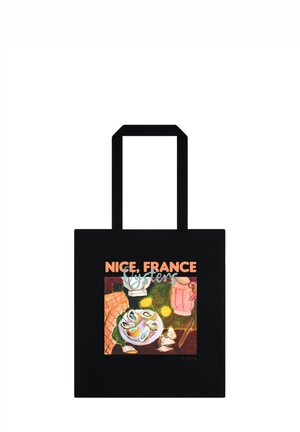 Sac cabas noir avec une illustration d'une table dressée comprenant des huîtres, des citrons et de la céramique, intitulé "Nice, France Oysters" en texte orange et bleu.