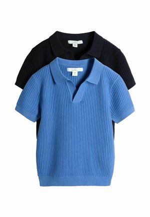 Two ribbed knit short-sleeve polo shirts, one blue placed in front of a black one, both with open collars and visible clothing tags.