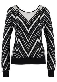 Schwarz-weißer Langarm-Pullover mit Chevron-Muster, runder Halslinie, strukturiertem Strickstoff sowie gerippten Bündchen und Saum.