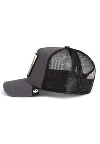 Gray baseball cap with a solid front and black mesh backing. Features a flat brim and a patch on the front. Accented with a logo on the side.