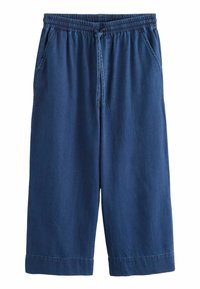 Blue denim bermuda shorts featuring an elastic waistband with drawstring, side pockets, and a relaxed fit. Smooth texture and knee-length cut.