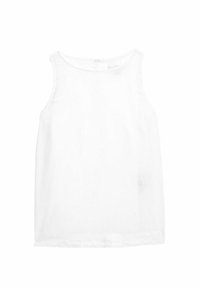 Débardeur blanc sans manches avec un encolure arrondie, une texture lisse et un ourlet droit. Aucune motif ou embellissement visible.