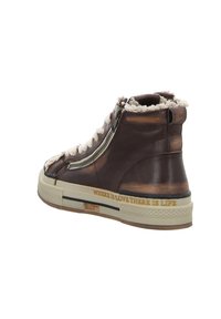 Brown leather high-top sneaker with faux shearling collar, side zipper, and cream laces. Features a textured beige sole with a gold quote detail.