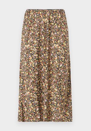 Gėlių rašto sijonas juodu fonu, su įvairiomis mažomis gėlėmis rožinės, geltonos ir baltos spalvos. Elastinga juosmens juosta ir iki kelių ilgio.