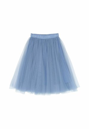 Svetlomodrá tylová sukňa s vrstveným, objemným dizajnom. Má elastický pás a jemnú, priesvitnú textúru látky.