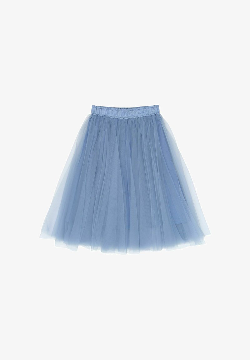 Hellblauer Tüllrock mit einem geschichteten, voluminösen Design. Verfügt über einen elastischen Bund und eine weiche, transparente Stoffstruktur.