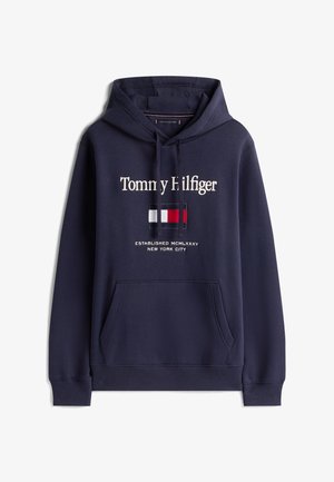 Felpa con cappuccio blu navy in misto cotone, con tasca frontale, cappuccio con laccetti e logo ricamato con accenti rossi, bianchi e blu.