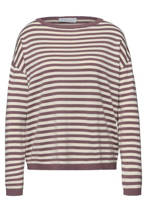 Sweter dzianinowy z długim rękawem w poziome pasy w kolorze fioletowo-różowym i kremowym, z okrągłym dekoltem oraz ściągaczami na mankietach i dole.