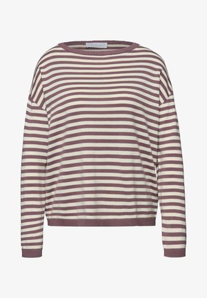 Gebreide trui met lange mouwen met horizontale mauve en crèmekleurige strepen, ronde halslijn en geribbelde manchetten en zoom.