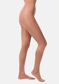 Beżowe, przezroczyste rajstopy o gładkiej fakturze, z wysokim stanem i wzmocnionym palcem. Minimalistyczny styl, pasujący do różnych stylizacji.