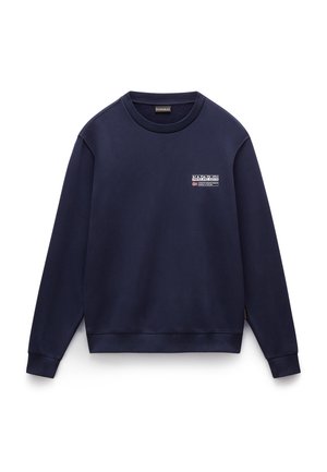 Navy sweatshirt made of soft cotton blend, featuring ribbed cuffs and hem, round neckline, and a small logo patch on the left chest.
