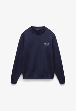 Sudadera de marina hecha de una suave mezcla de algodón, con puños y dobladillo acanalados, cuello redondo y un pequeño parche del logo en el lado izquierdo del pecho.