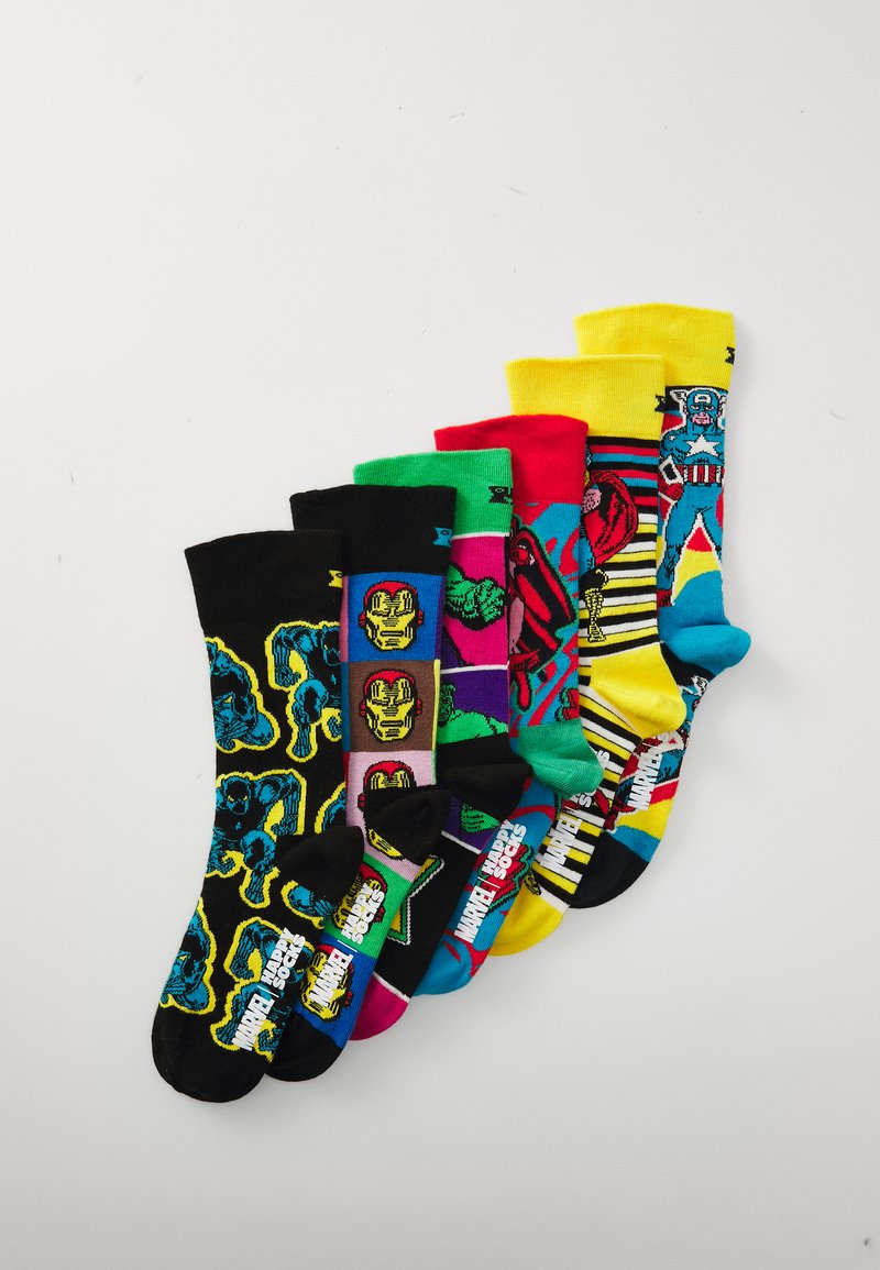 Seven pairs of colorful socks featuring superhero designs. Materials are cotton blends, showcasing bright patterns and characters like Iron Man and Captain America.