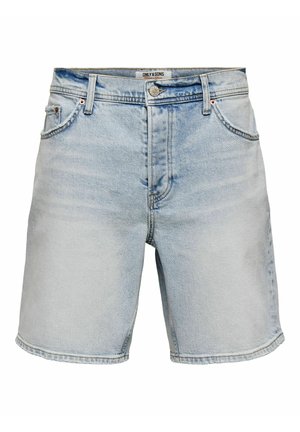 Lyseblå denimshorts med frontknapp, glidelås, beltehemper og femlommers design, lett falmet for et brukt utseende.