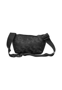 Zwarte stoffen tas met een geometrisch patroon, ritsluiting en verstelbare schouderband. Gladde textuur, compact ontwerp en minimalistische stijl.