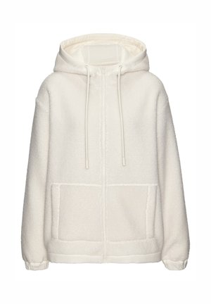 White fleece hoodie with a zip front, drawstring hood, and two front pockets. Cuffs feature elastic bands for a snug fit. Soft texture.