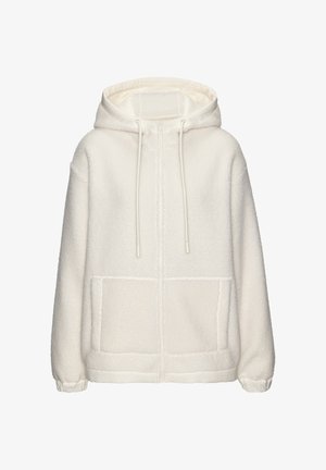 White fleece hoodie with a zip front, drawstring hood, and two front pockets. Cuffs feature elastic bands for a snug fit. Soft texture.