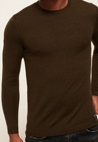 Pull à manches longues vert olive foncé, coupe ajustée, col rond, texture douce, style minimaliste, avec un petit patch logo sur la manche.