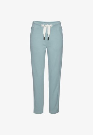 Hellblaue Jogginghosen aus weichem Stoff mit einem Tunnelzugbund, zwei Seitentaschen und einem schmal zulaufenden Bein.