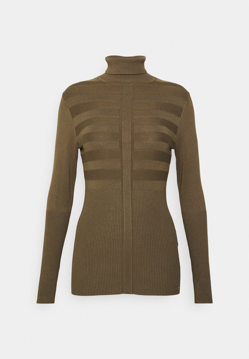 Pull à col roulé marron avec texture côtelée et détails de rayures horizontales sur le buste. Manches longues et coupe ajustée.