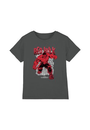 Gray cotton T-shirt featuring a graphic of the Red Hulk in red and black tones, with bold lettering and a cracked wall background.