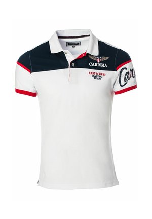 Biele polokošeľa s tmavomodrým klínom, červeným lemovaním na rukávoch, logom "Carisma", emblémom orla a textom "East to West Racing Team" na hrudi.