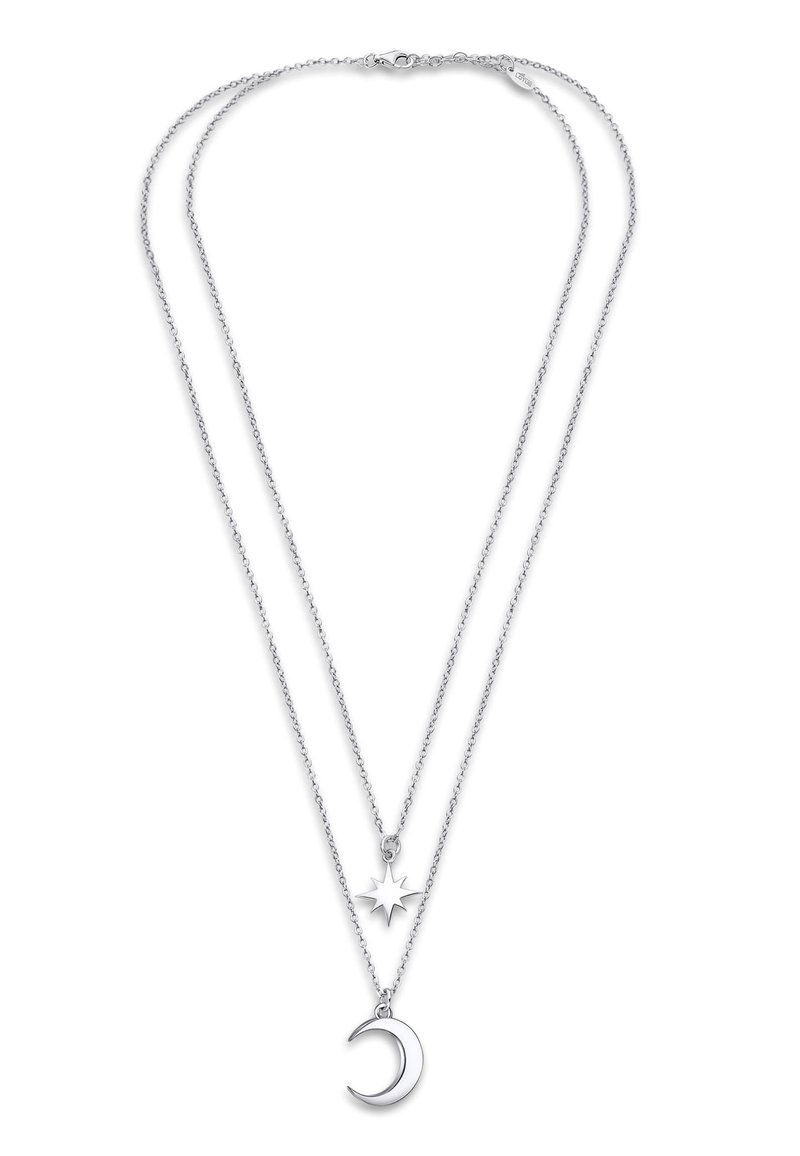 Collier en argent avec deux chaînes superposées. La chaîne supérieure présente un pendentif en forme d'étoile, tandis que la chaîne inférieure affiche un pendentif en forme de croissant de lune.