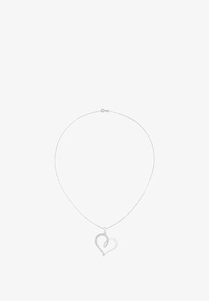 Zilveren ketting met een hartvormige hanger, versierd met kleine heldere stenen, aan een gladde, fijne ketting.