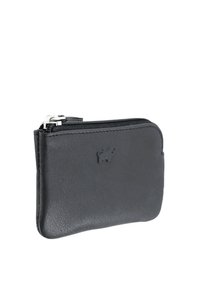 Portafoglio in pelle nera con una texture liscia, chiusura con cerniera e un logo in rilievo discreto sulla parte anteriore. Design rettangolare compatto.