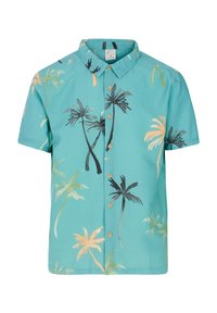 Korte mouwen, button-up shirt in turkoois met een palmbomenpatroon in zwart, groen en perzik. Gemaakt van een gestructureerde stof.