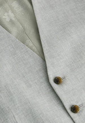 Gilet in lino grigio con due bottoni scuri. Interno foderato con tessuto a motivo floreale leggero di colore verde chiaro.