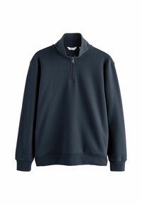 Donkerblauwe pullover sweatshirt met een hoge kraag en een halve rits. Voorzien van geribbelde manchetten en een relaxte pasvorm. Zacht, glad materiaal.