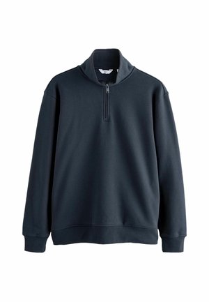 Dark navy pullover sweatshirt with a high collar and a half-zip closure. Features ribbed cuffs and a relaxed fit. Soft, smooth fabric.
