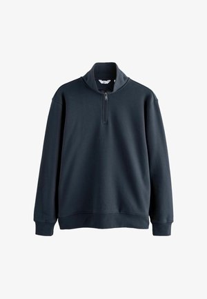 Sweatshirt pull noir marine avec un col haut et une fermeture à demi-zip. Équipé de poignets côtelés et d'une coupe décontractée. Tissu doux et lisse.
