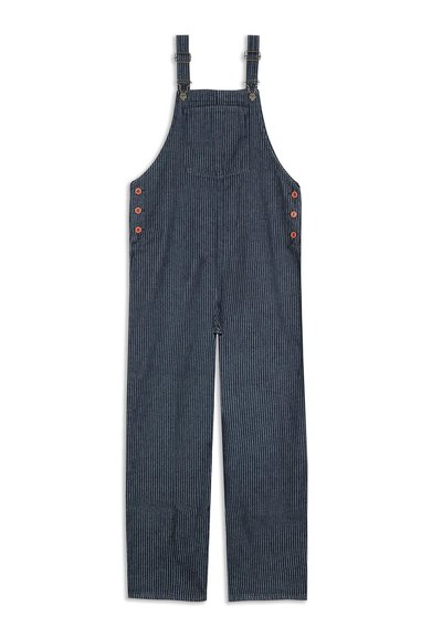 Dark blue pinstriped denim overalls with adjustable shoulder straps, front chest pocket, and red buttons on the sides.