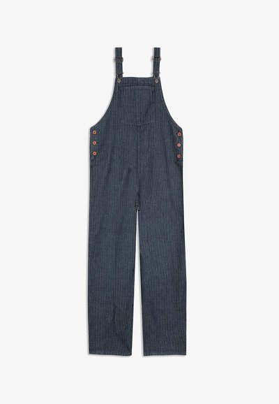 Dark blue pinstriped denim overalls with adjustable shoulder straps, front chest pocket, and red buttons on the sides.