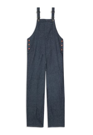 Salopette rayée bleue en coton, dotée de bretelles réglables, d'une poche avant et d'accents de boutons rouges sur les côtés.