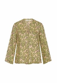 Blouse à motif floral avec manches longues et larges. Fond crème avec des fleurs vertes et violettes. Encolure en V et détail de boutons.
