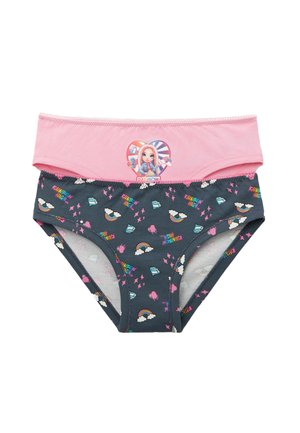 Culottes en mélange de coton avec une taille rose et un corps gris. Présente des imprimés colorés de arcs-en-ciel, de nuages et un graphisme central de personnage.