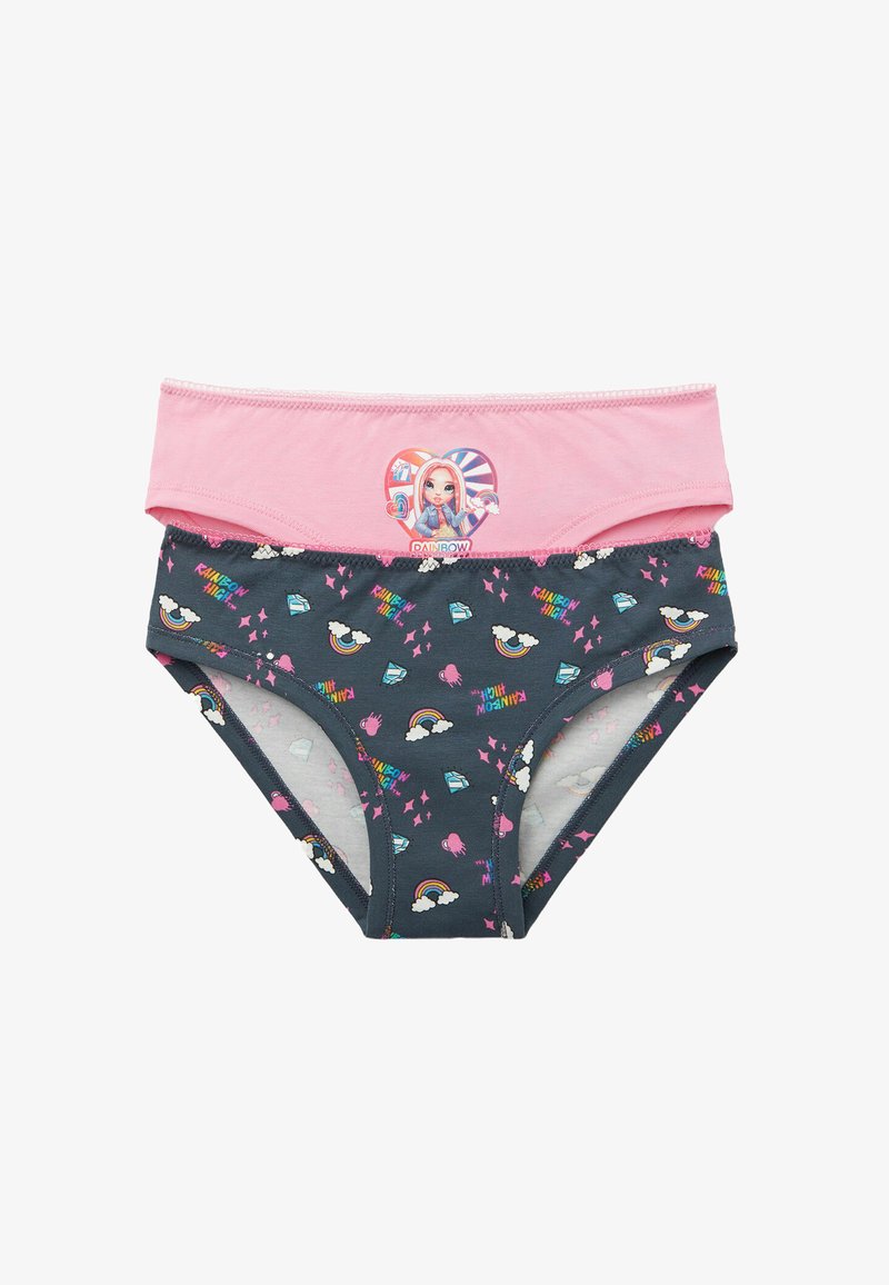 Kalhotky z bavlněné směsi s růžovým pasem a šedým tělem. Mají barevné potisky duhy, mraků a centrální postavy.